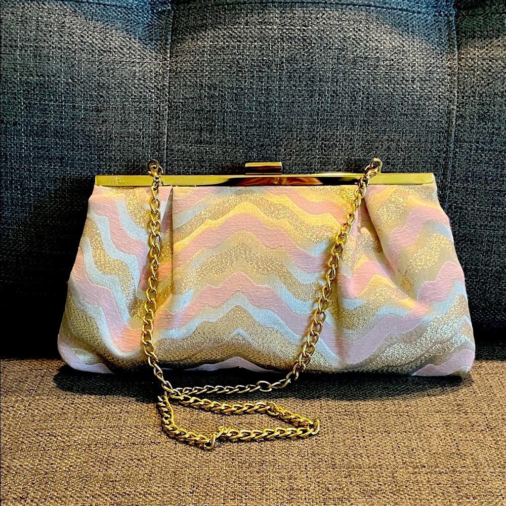 Lilly Pulitzer Pink, Gold & Light Blue Wave-Print Clutch with Chain